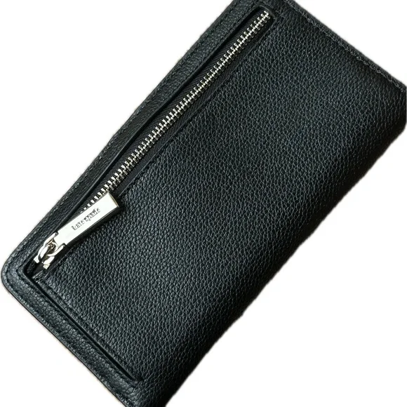 kate spade Black Pebbled Leather Zip Around Wallet with Gold Logo - Picture 3 of 5